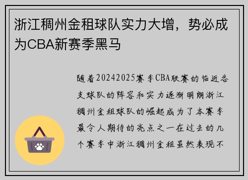 浙江稠州金租球队实力大增，势必成为CBA新赛季黑马