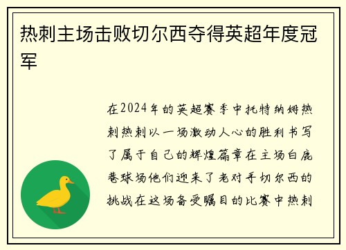 热刺主场击败切尔西夺得英超年度冠军